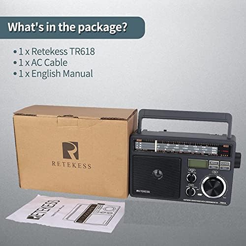 Retekess TR618 Portable FM AM SW Radio, Digital Shortwave Radio, Mains and Battery, Vintage Transistor, Antenna, Headphones Jack/USB/TF, Site, Work, Bathroom, Kitchen, Outdoor