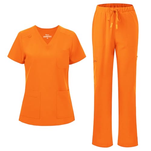 floralhue Scrubs for Women V-Neck Scrubs Top & Cargo Pants with 12 Pockets Yoga Waistband 4 Way Stretch Orange M