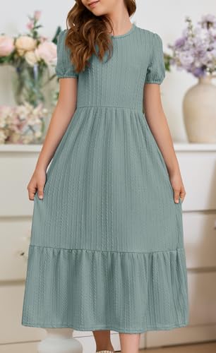 YOVION Girls Maxi Dress Summer Puff Sleeve Crew Neck Tiered Flowy Casual Holiday Dresses with Pockets for 6-12 Y3