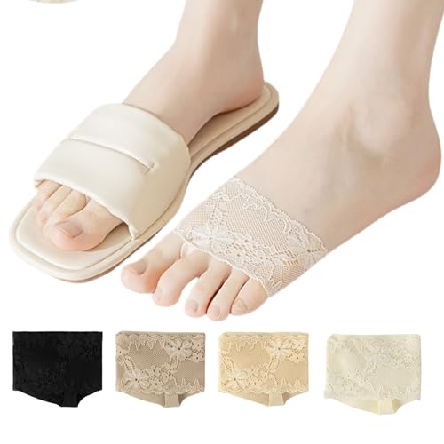 Image of DUNKOING 4 Pairs Lace Open Toe half Socks Womens Cushion Padded Toe Topper Socks for Heel Mule Sandals Clog 5-9 (lace, 1beige1black1white1dark1brown)