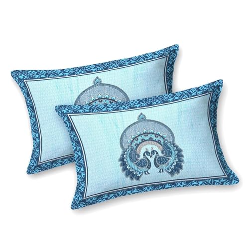 Image of Pure 100% Cotton Double Bed Sheet with 2 Pillow Covers (Bedsheet for Double Bed Cotton, Multicolour Jaipuri, Double Bed Sheet (Sky Blue & White, 90X100 Inch)