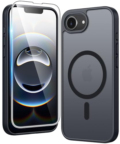 Image of FNTCASE for iPhone 17e & iPhone 16e Case Matte: Magnetic Phone Cases with Screen Protector Drop Proof Compatible with Magsafe Slim Anti Yellowing Protective Translucent Cell Phone Cover (C-Black)