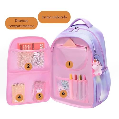 Mochila Menina Escolar Juvenil Espaçosa Bolsa Moderna Com Estojo Embutido Criança Unicórnio Viagem M