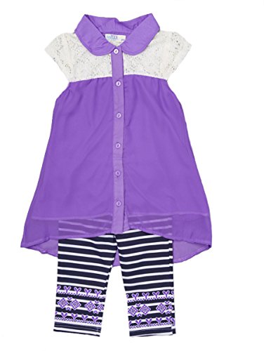 Image of ToBeInStyle Girl's 2 Piece Outfit Top & Leggings Set Casual Graphic Shirt Capri Pants