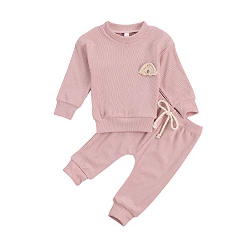 Infant Baby Girl Boy Solid Knit Outfit Rainbow Embroideried Shirt Blouse Top Drawstring Pants Fall Winter Outfit (Pink, 12-18 Months)