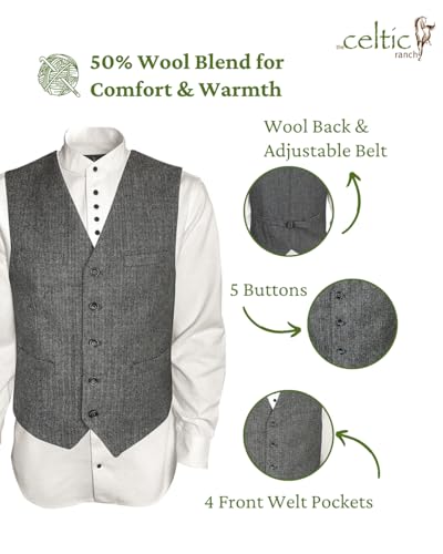 Men’s 50% Wool Tweed Vest, Full Back with Fabric Belt, 4 Pockets, Herringbone Pattern, Grey and Burgundy2