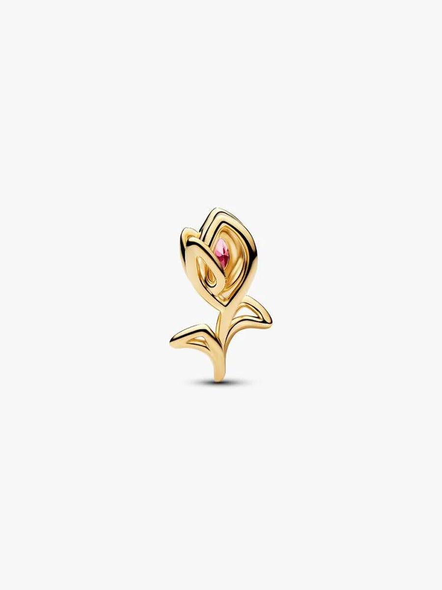 PANDORA Charm tulipan otwarty, pozłacany 14-karatowym złotem, z różową cyrkonią Cubic, filigranowa zawieszka kwiatowa, kompatybilny z Moments, 764555C01
