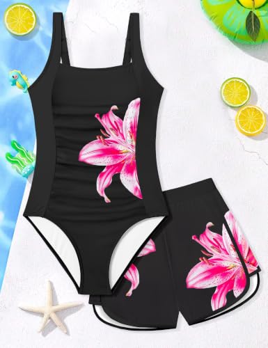 Image of Girls Swimsuit One Piece Swimsuits Color Block Bathing Suit for Girls Adjustable Strap Padded Swimwear with Shorts