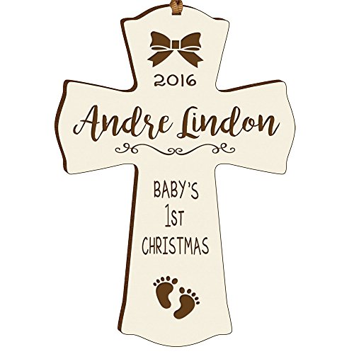 Personalized Baby's First Christmas Ornament cross New Parent gift ideas for newborn boys and girls Custom engraved ornament for mom dad and grandparents (Ivory Baby's first Christmas)