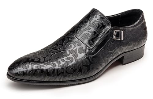 Santimon Men's Genuine Leather Monk Strap Formal Dress Shoes, Pointed Toe Penny Loafers with Buckle, Stylish Embossed Business Casual Shoes for Men4
