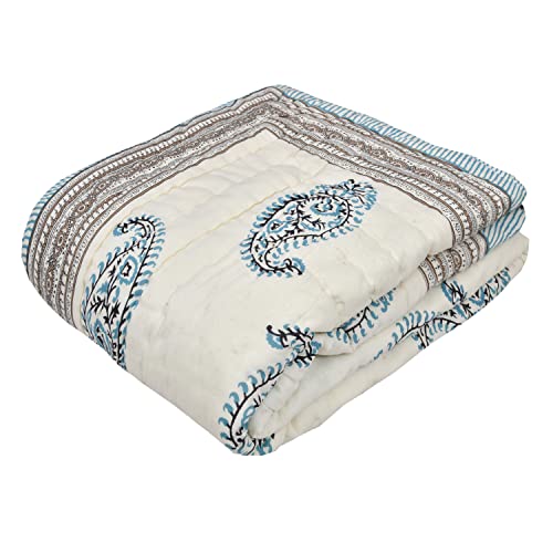 Image of BLOCKS OF INDIA Cotton Single Size Quilt Hand Block Print for Light Winters (60X90 Inches) (Grey Jaal), Lightweight, 300 TC