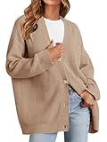 MEROKEETY Womens Casual Fall Long Sleeve Boyfriend Cardigan Loose Fit Cozy Knitted Sweater Jackets, Khaki, M