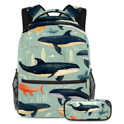 Cartable enfants baleines avec trousse pour ranger les grands cahiers