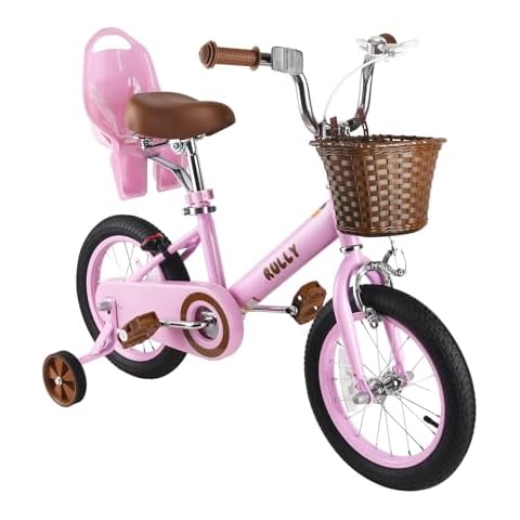 RULLY Retro 12 Inch Kids Bike for 2 3 4 Years Girls & Boys with Training Wheels & Basket, Kids Bicycle with Doll Seat, Pink Cover