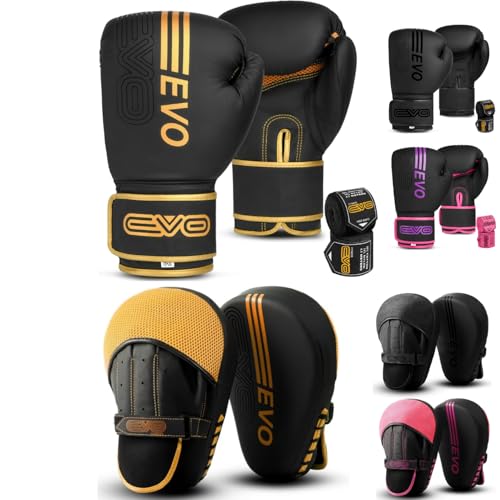 EVO Fitness Matte Black Boxing Gloves and Pads Set Punching Focus Mitts Hook and Jab Hand Target Strike Shield Training Sparring MMA Martial Arts Muay Thai Kickboxing Karate Men Women (16 OZ Golden)