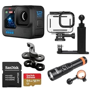 GoPro HERO12 Waterproof Action Camera with 5.3K60 UHD Video, 27MP HDR Photos – Bundle with Protective Housing, Video Light Pack, Camera Tray, Double Clip, 64GB microSD Card