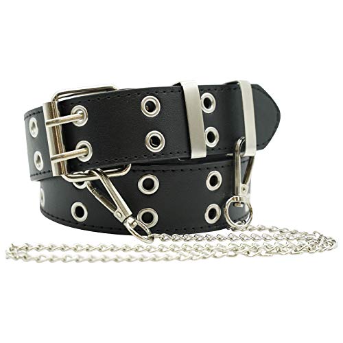 Ro Rox Rudie Gothic Grunge Punk Double Eyelet PU Belt with Square Buckle & Chain - Black