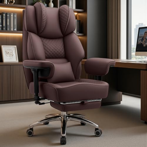 Image of Big and Tall Office Chair, Computer Desk Chair with FootRest, Coffee | High Back Leather Gaming Chair with Lumbar Support, Heavy Duty Ergonomic Executive Office Chair for Home Office Gaming