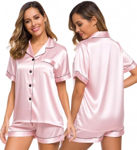 Image of SWOMOG Womens Silk Satin Pajamas Set Short Sleeve Sleepwear Button Down Top and Shorts Loungewear 2 Piece Pjs Set XS-3XL