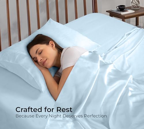 Image of Royale Linens Bamboo Viscose Twin Flat Sheets Only - Cooling Sheets - Organic Viscose Derived from Bamboo - Flat Sheet Only - Top Sheet - Breathable & Silky Bedding (Twin, Lake Blue)