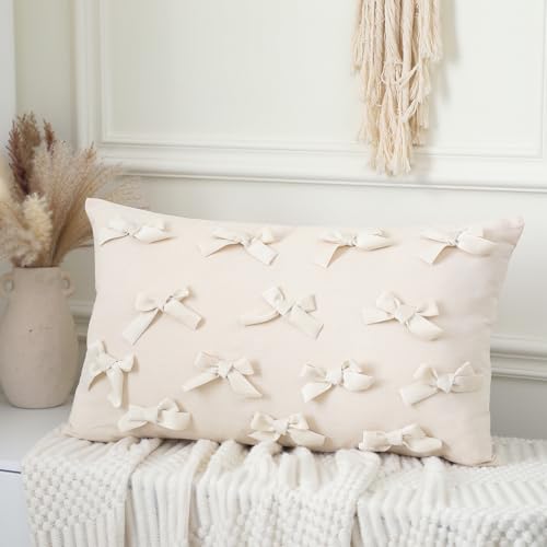 Image of Weysat Boho Bow Pillow 24''x14'' Decorative Throw Pillow Soft Linen Fabric Bowknot Lumbar Cushion Aesthetic Classy Bow Room Decor for Bed Couch Sofa Office Nursery Car Living Room, Cream White