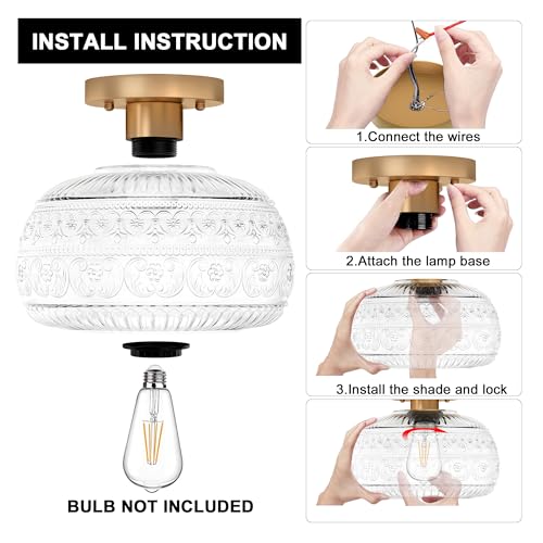 Semi Flush Mount Ceiling Light Fixture, 11" Vintage Gold Hallway Lights Fixture Ceiling with Clear Glass for Kitchen, Hallway, Bathroom and Entry Way,Compatible with E26 Light Bulb