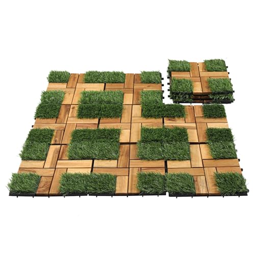 ISOISL Baldosas de madera para balcón, 30 x 30 cm, madera de acacia, 11 unidades, 1 ㎡, azulejos de madera para exteriores con hierba, suelo de terraza, azulejo de clic, terraza, mosaico para jardín y
