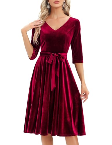 Bbonlinedress Samtkleid Damen Langarm Midilang Abendkleid elegant für Hochzeit Winter Festliche Kleider Vintage Rockabilly Cocktailkleid Party...