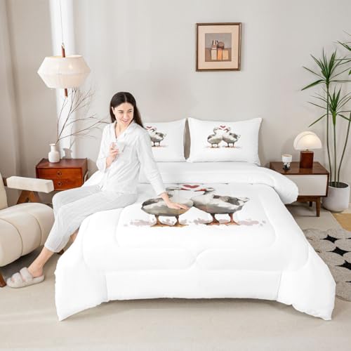 Image of Erosebridal Geese Valentine King Comforter Set Cartoon Ducks Bedding Set for Kids Teens Goose Duck Couple Decor Comforter Kawaii Farm Animals Quilt