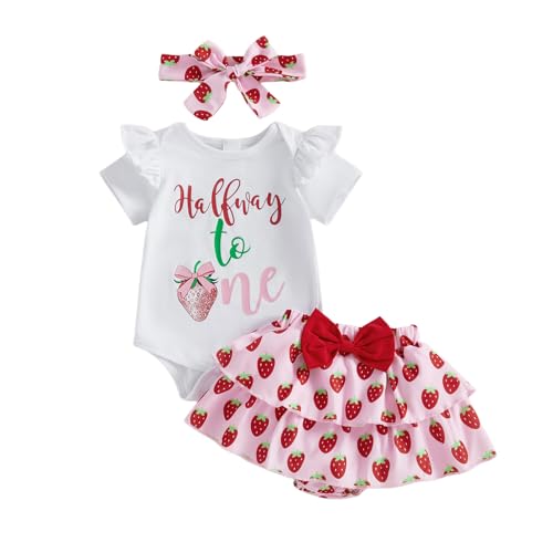 Lefyira Half Birthday Outfit Baby Girl Romper Ruffle Bloomer Shorts Headband Set 1/2 Birthday Outfit Strawberry Clothes (24 White 6-12 Months)