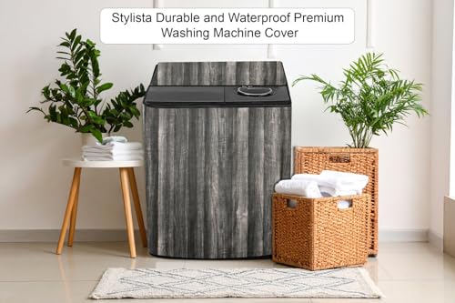 Image of Stylista PVC Washing Machine Cover Compatible for GODREJ 8KG Semi-Automatic Top Loading WS Edge Pro 800 PS, Wooden Pattern Black