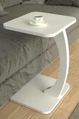 Image of Modern C-Shaped Side Table for Sofa & Bed - Multi-Purpose Laptop Table, Snack Holder, Book & Plant Stand - Compact & Sturdy Bedside Table (Brown) (White 1)