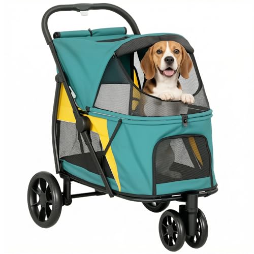 PawHut Passeggino pieghevole per cani fino a 20 kg con cuscino lavabile, finestra a rete, 3 ruote, porta, tasca posteriore, passeggino per cani di piccola taglia media, verde scuro