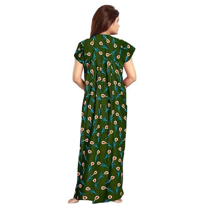 Image of NILOUFO Women's Cotton Printed Maxi Nighty - Pack of 2 | Soft Ankle-Length Sleepwear Gowns for Women | Free Size Night Dresses (Green,Blue, Free Size)