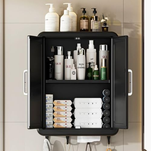 Image of Homero Vintage Wall Mounted Storage Cabinet with Hooks | Multipurpose Bathroom, Kitchen & Home Organizer | Waterproof, Dustproof Double Door Wall Storage Box | No Drill Installation