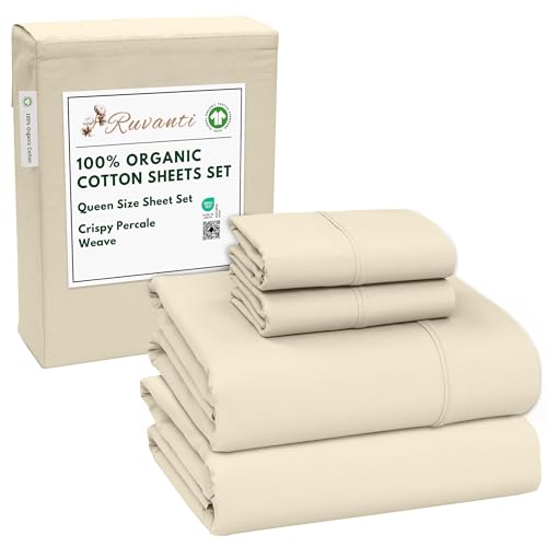 Ruvanti Juego de sábanas de algodón 100% orgánico, tamaño Queen, 4 Piezas, Ropa de Cama de Tejido de percal Suave y Transpirable, Bolsillo Profundo de 40.6 cm, sensación Fresca y Fresca, Duradera