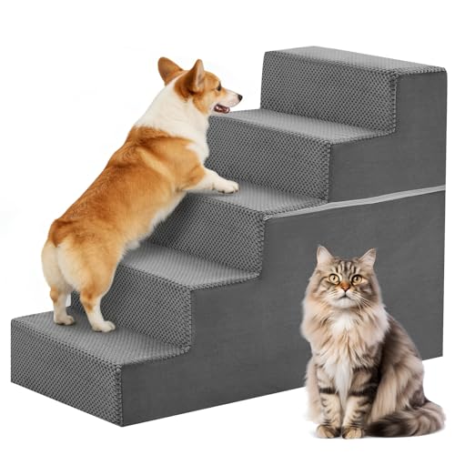 DUMOS Dog Stairs for Small and Medium Dogs, 5-Step Pet Steps with High-Density Foam, Indoor Non-Slip Pet Ramp for Puppy and Older Dogs Cats, Dog Bed Stairs for Couch and Sofa, Grey