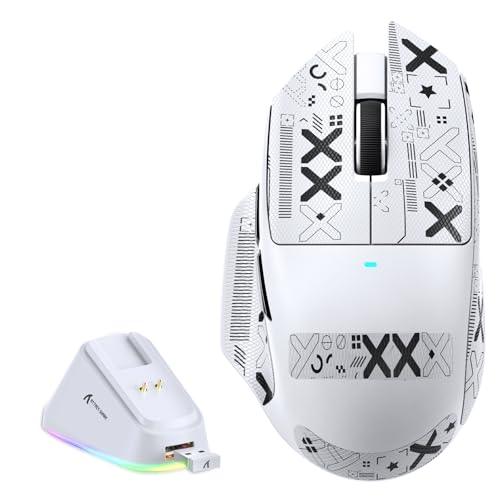 MAMBASNAKE x ATTACK SHARK V6 Mouse Gaming Wireless con Base di Ricarica Magnetica, Peso 65 g, Sensore PAW3311, 25000 DPI, BT/2.4G/USB-C,100M Click, 500mAh per Destrimani–Bianco+Grip Tape