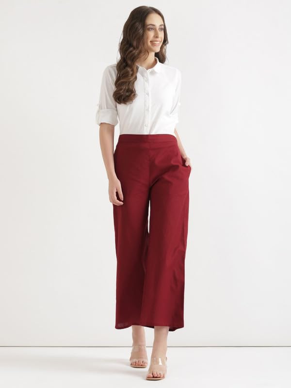 Image of SAADAA Women's Relaxed Fit Mid Rise Airy Linen Wide Leg Pants, High Waist Trousers for Formal, Casual & Office Wear
