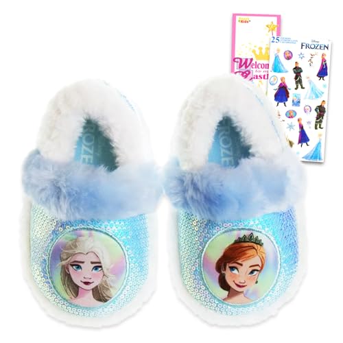 Disney Frozen Slippers for Girls - Bundle with Plush Snuggle Toe Footlet Socks with Grips Age 18-24 Months Plus Stickers More | Disney Frozen Slippers for Girls Size 5/6
