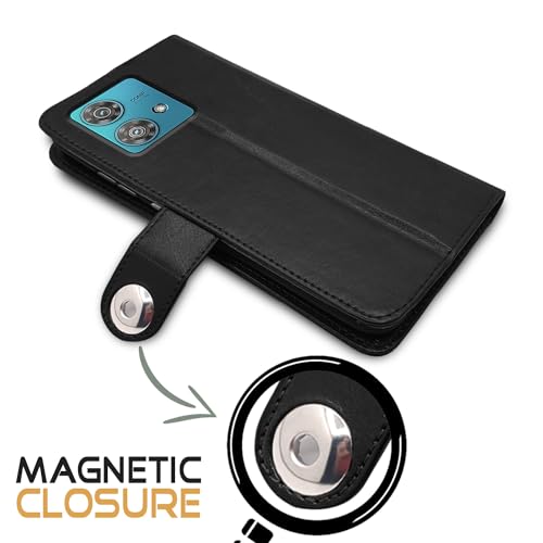 Image of Pikkme Moto Edge 40 Neo 5G Flip Cover Leather Finish | Wallet Stand and Shock Proof | Inside TPU with Card Pockets | Complete Protection Button Flip Case (Black)