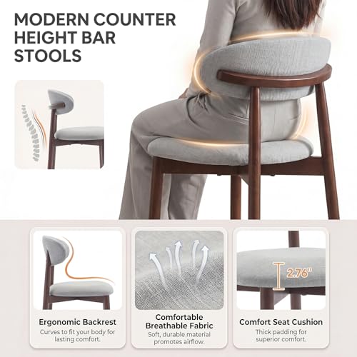 Image of MALOL Counter Height Bar Stools Set of 2, Kitchen Bar Stools with Back, Mid Century Modern Upholstered Barstools with Wood Legs for Kitchen Island Dining Room, Light Grey