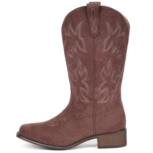 Image of IUV Cowboy Boots For Women Square Toe Wide Mid Calf Western Pull On Suede Fashion Black Brown Cowgirl Boots