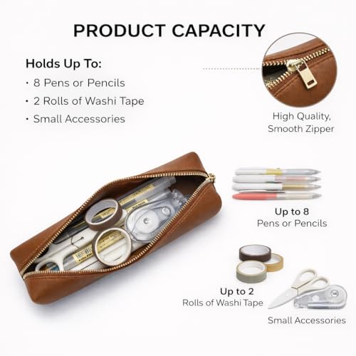 Image of Faux Leather Color Pencil Case Multifuncional and Simple with Zipper for School (Yellow Brown)