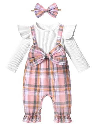 Image of Queenstyle Newborn Baby Girl Clothes Romper Long Sleeve Ruffle Jumpsuit Cute Infant Girl Fall Winter Outfits with Headband