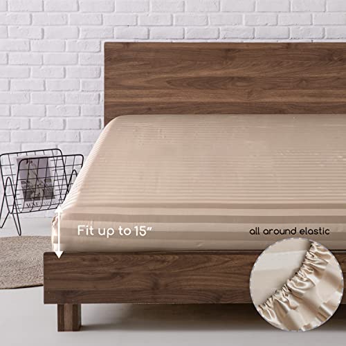 Image of MR&HM Satin Bed Sheets, Twin Size Sheets Set, 3 Pcs Silky Bedding Set with 15 Inches Deep Pocket for Mattress(Twin, Champagne Striped)