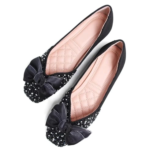 SAILING LU Square Toe Flats Shoes Rhinestoned Bowknots Ballet Flats for Women Studded Dress Shoes Comfort Light Weight Loafers3