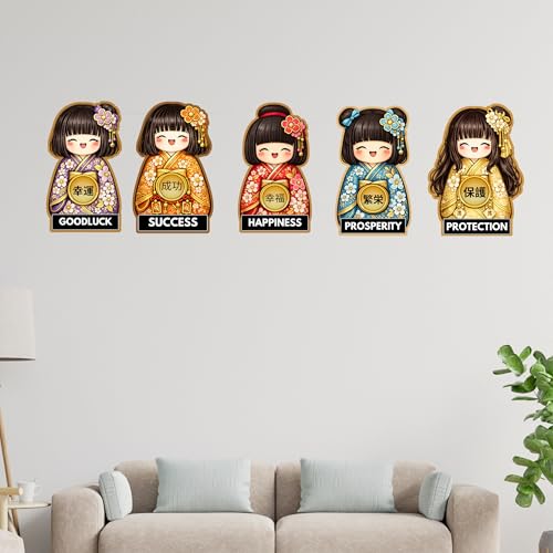 Image of GENXTRA Set of 5 Japanese Lucky Doll Wooden Wall Decor | Kawaii Anime Style MDF Hanging Art for Home, Bedroom, Living Room & Office | Prosperity, Happiness, Protection, Success & Good Luck Theme