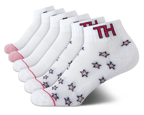 Tommy Hilfiger Girls Athletic Socks - 6 Pack Performance Cushion Quarter Cut Socks - Breathable Ankle Socks for Girls (S-L), Size Large, White