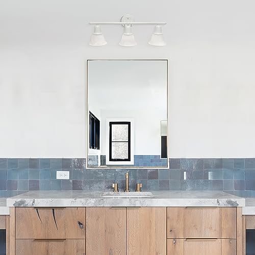 Image of Simple Designs VT1027-WHT 26.5 inch Classic 3 Light Straight Metal Bar and Frosted Marble White Bell Shape Glass Shades Decorative Wall Mounted Vanity Fixture for Bathroom, Entryway, Hallway, White
